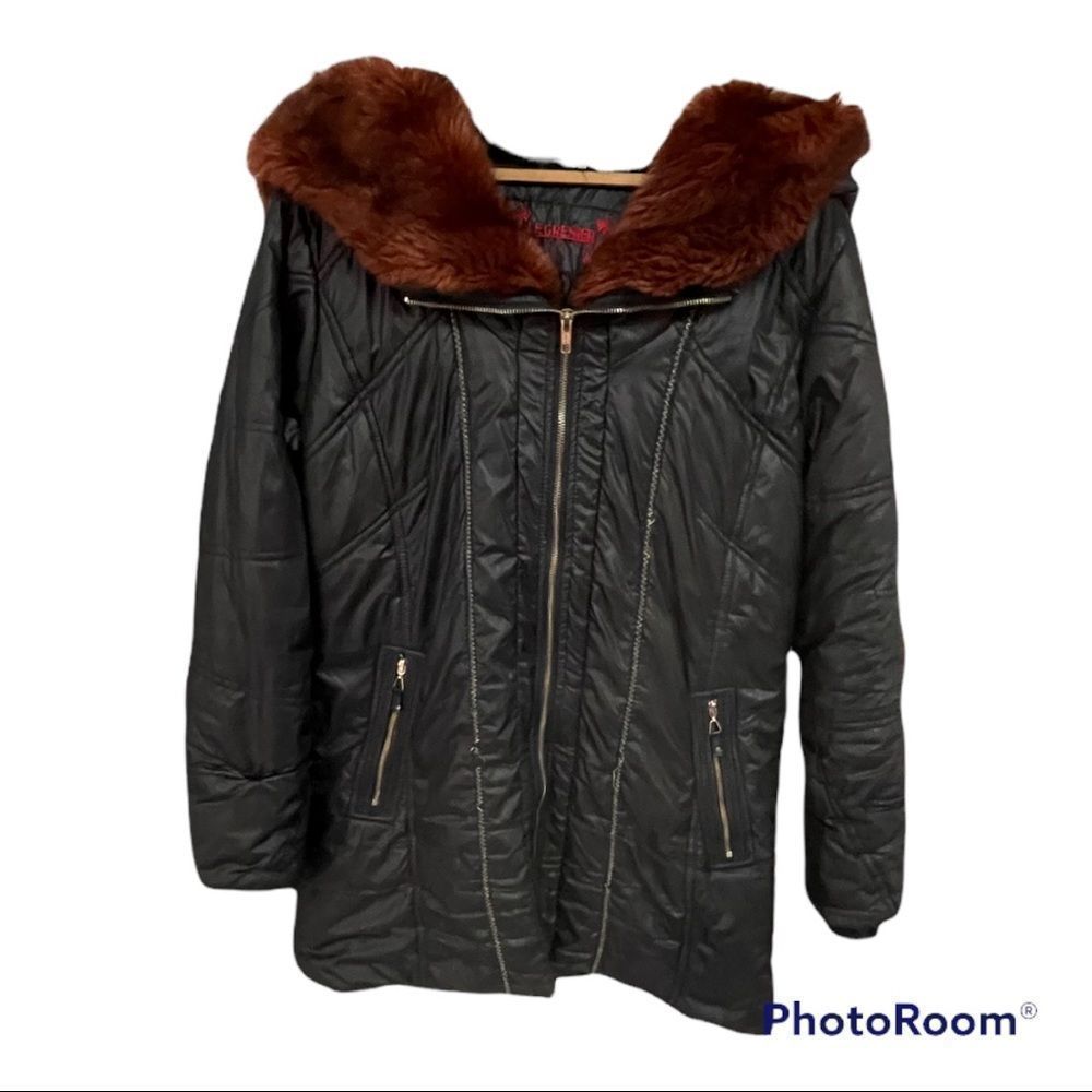 Le Grenier long black puffer jacket with faux fur trim